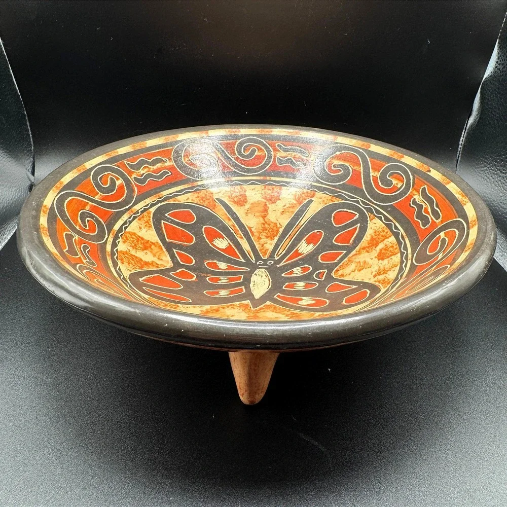 Hand Painted Tripod Bowl Butterfly Folk Art Terracotta Mexican Pottery Boho Vtg.